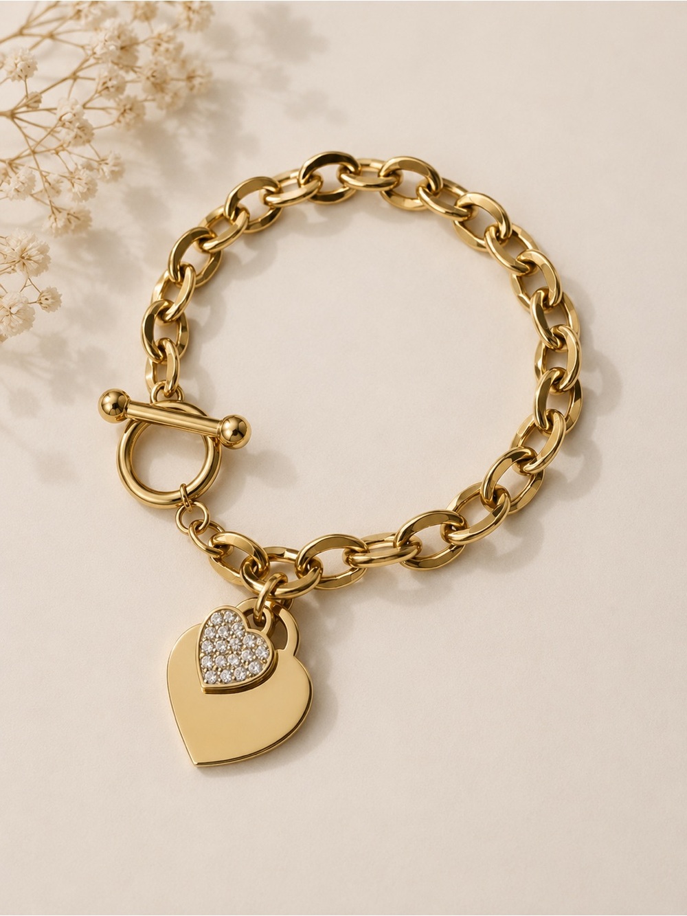 Gold Plated Heart Charm Chain Bracelet - Women stainless steel size 7